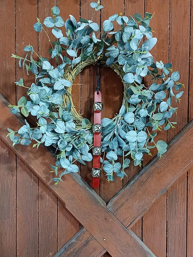 Rustic Red Door Co. Hanging Jingle Sleigh Bells on Leather Strap for Door Knob, Dog to Go Outside, Pet Puppy Potty Training, Christmas Decor, 4 Silver Bells, 14" Straip, Red