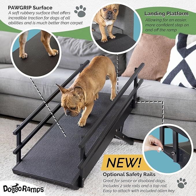 DoggoRamps Dog Ramp for Couch with Safety Rails - Adjustable from 14" to 21" with Anti-Slip PAWGRIP & Convenient Platform Top - for Small Dogs up to 150lbs - Made of Solid Hardwood in North America