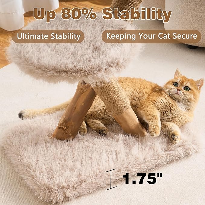 HITTITE Natural Solid Wood Cat Tree Tower with Scratching Post, 32 Inches Tall Modern Cat Tower with Cozy Bed and Platforms, Luxury Real Branch Cat Tree for Indoor Cats Large Adult, Khaki.