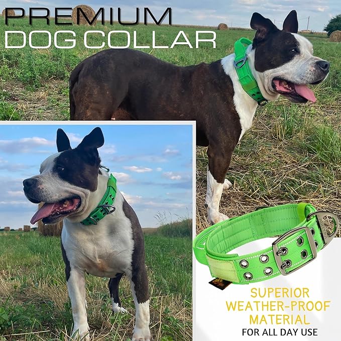 ADITYNA Heavy Duty Dog Collar for Large Dogs - Reflective Green Collar with Handle for Training, and Walking - Wide, Thick, Tactical, Soft Neoprene Padded