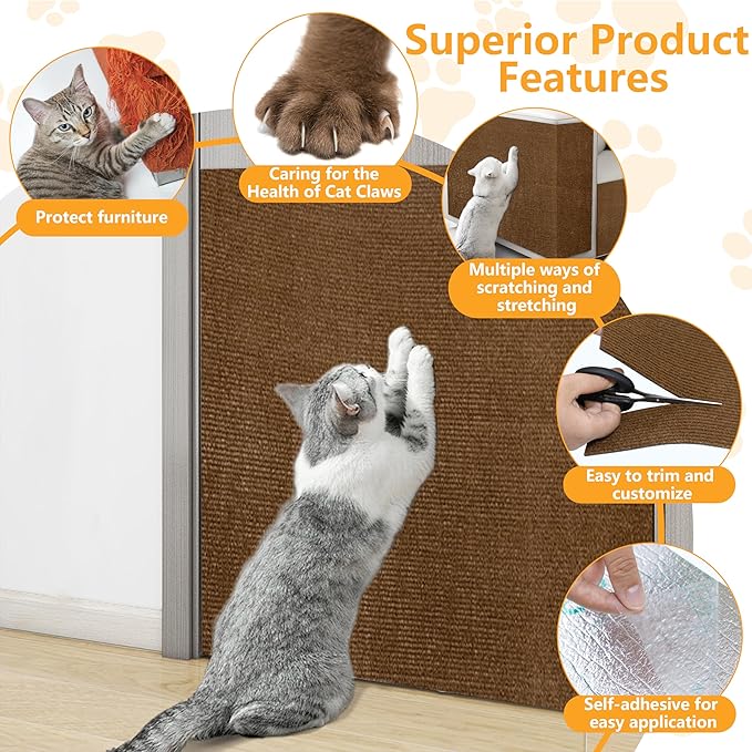 Cat Scratch Pad for Wall,Cuttable and Adhesive Cat Scratching Mat,Fun Interactive Scratcher,Cat Scratch Furniture Protector (Brown,78.7×15.8inch)