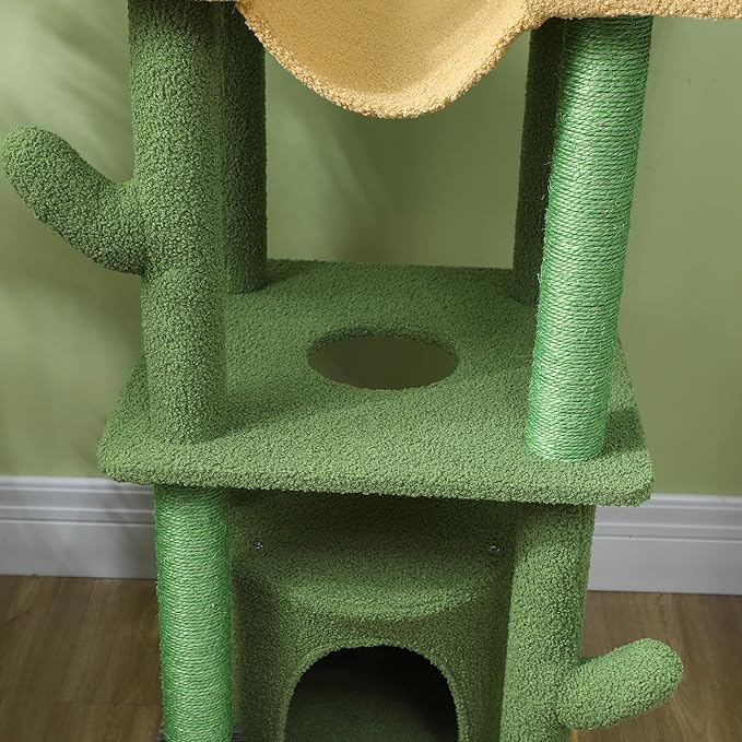 PawHut Floor to Ceiling Cat Tree, 89"-100" Adjustable Height Cactus Cat Climbing Tower for Indoor Cats with Grooming Brush Post, Cat Condo, Hammock, Sisal Scratching Posts, Green