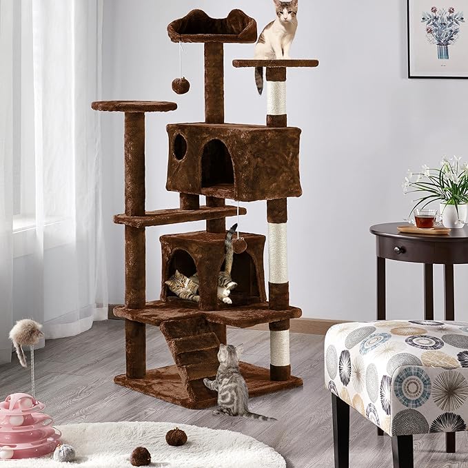 Brown Cat Tree Tower,Cat Scratcher Activity Centre Scratching Posts with 2-Condo and Dangling Toys