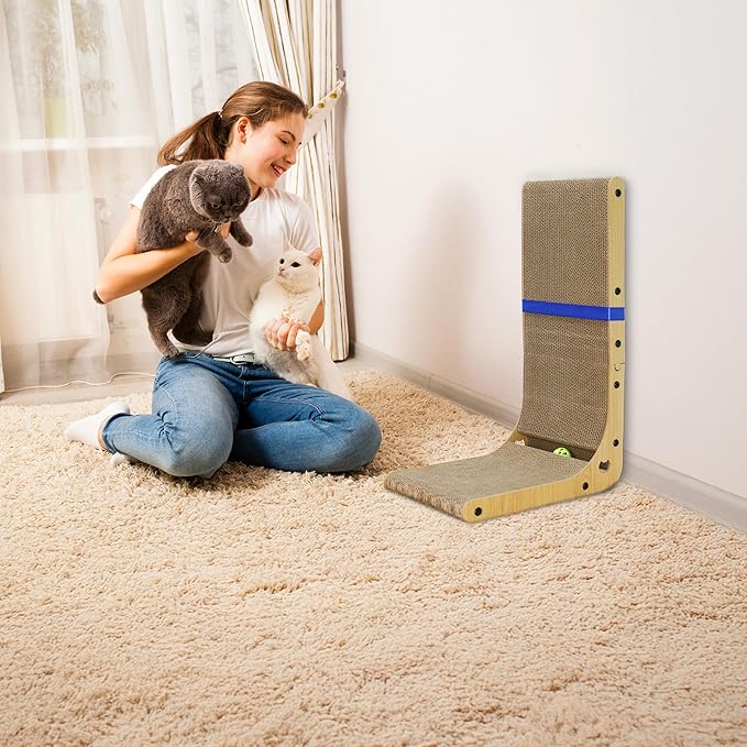 27" L Shaped Cat Scratchers for Indoor Cats, Corrugated Cardboard Cat Scratcher Pad, Vertical Scratching Board Indoor Use Protecting Furniture Scratch Pad, Cardboard Scratching with Ball Toy