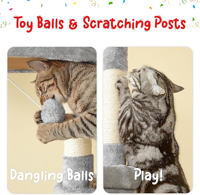 Cat Tree, Floor to Ceiling Cat Tower Adjustable Height [92.9-102.4 in=235-258cm], 7 Tiers Cat Climbing Play House with Scratching Post, Cozy Condo&Hammocks for Indoor Cats, Light Grey