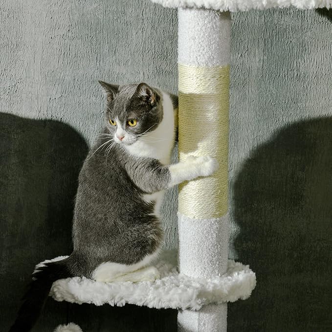 Floor to Ceiling Cat Tree, Adjustable 88.5”–100.5” Tall Cat Tower for Indoor Cats, Space-Saving Vertical Cat Furniture with Scratching Posts & Perches, Stable Tension Rod Design, White