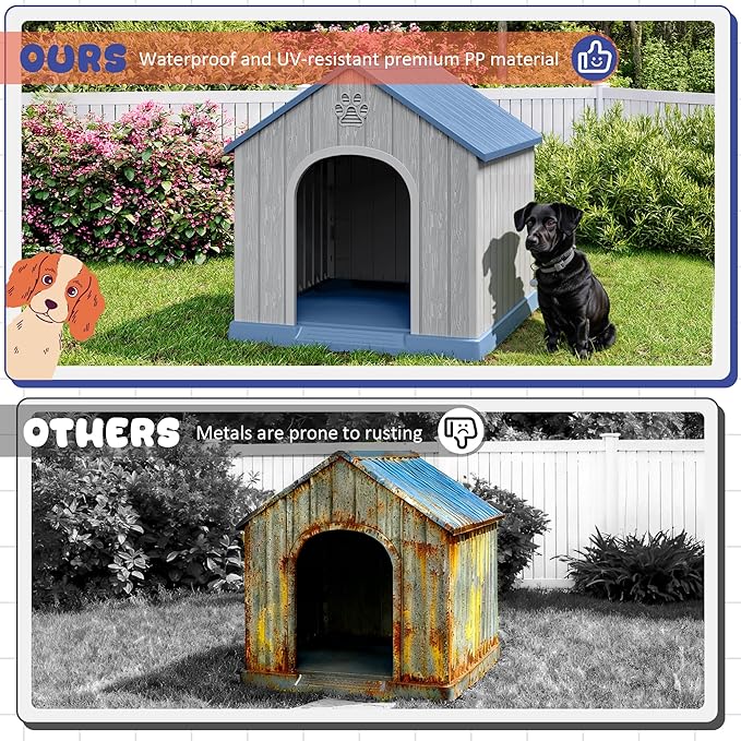 Bifanuo Dog House Outdoor Indoor, Plastic Small Dog House-Weatherproof Design with Air Vents & Elevated Floor for Small to Medium Dogs, Easy Clean and Assemble (Blue)