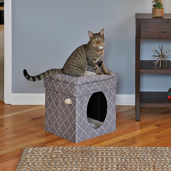 MidWest Homes for Pets Feline Nuvo Curious Cat Cube, Foldable Cat Hideout with Toy, Bolstered Bed Top, Mushroom Diamond, Faux Fur
