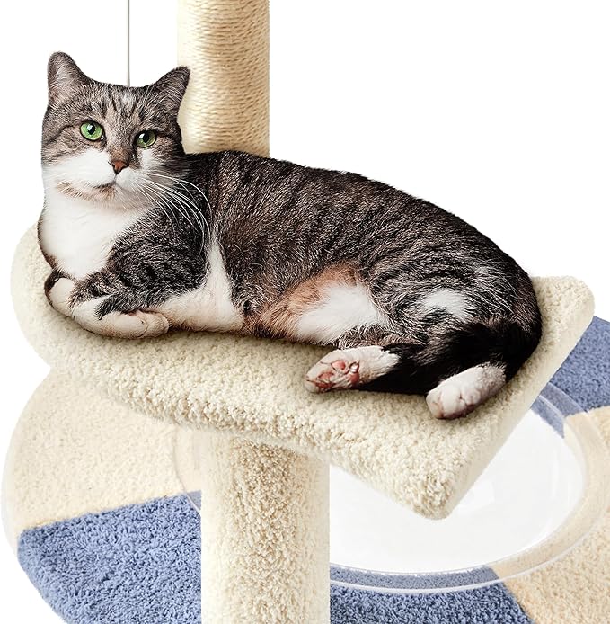 Yaheetech Cat Tree, 35.5in Cat Tower for Indoor Cats, Cat House with Scratching Posts & Padded Perch & Space Capsule, Cute Kitten Tree, Pet Furniture for Kittens, Blue/Beige
