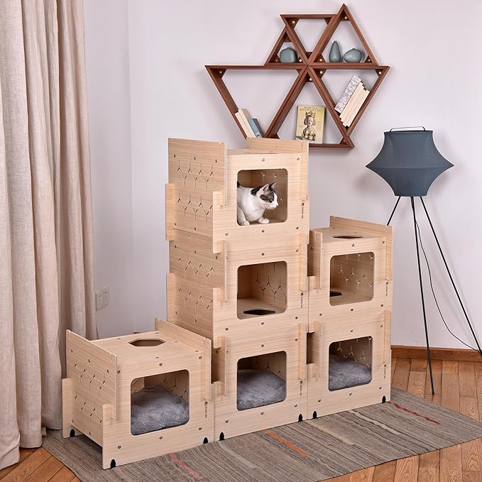 Wooden Cat Condo with Cushion,Cat Bed,Natural Wood Cat Tower with Scratching Post,Multi-Level Cat Tree House (CB-001)