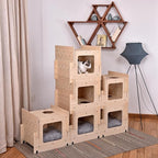 Wooden Cat Condo with Cushion,Cat Bed,Natural Wood Cat Tower with Scratching Post,Multi-Level Cat Tree House (CB-001)