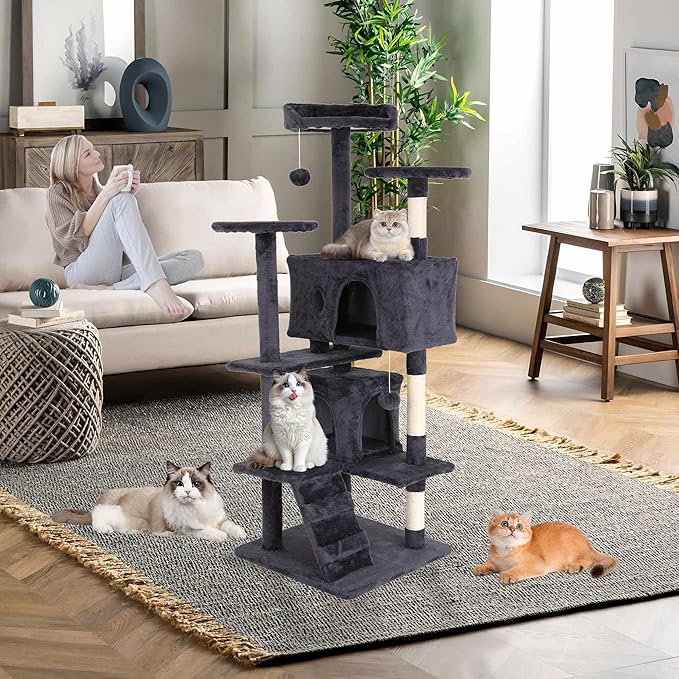 Heavy Duty Cat Tree,54 Inch Tall Cat Tower,2 Cozy Condos,Scratching Posts,Ladders & Sisal Pole,Multi-Level Perches Platforms for Indoor Cats,Sturdy Pet Climbing Furniture,Light Gray