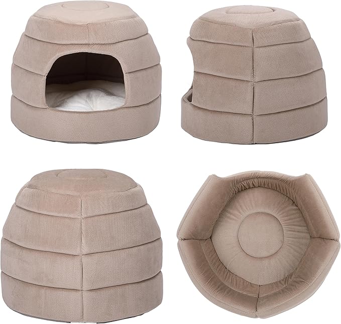 BIRDROCK HOME 2 in 1 Pet Bed for Cats or Small Dogs - Cozy Cat Cave or Plush Dog Bed - Indoor Teepee House for Pets (15 Inch Wide, Beige)