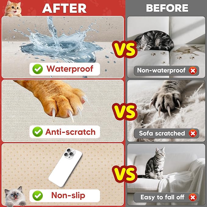 Cat Scratch Furniture Protector - Anti-Slip, Waterproof Sofa Cover to Keep Cats Off, Pet-Friendly Couch Protectors for 3 Cushion Couch, Khaki Anti-Scratch Couch Cover for Pets and Kids 150"X71"