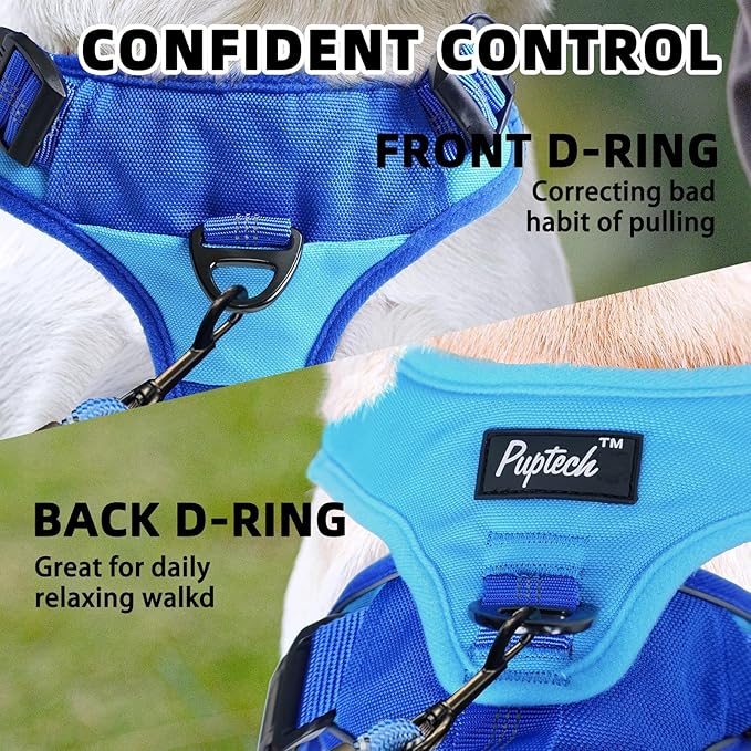 PUPTECK Escape Proof Dog Harness and Leash Set Upgraded No Pull Reflective Dog Vest with Lift Handle, Easy Control Pet Harness for Medium Large Dogs Training Walking Running, Blue, L