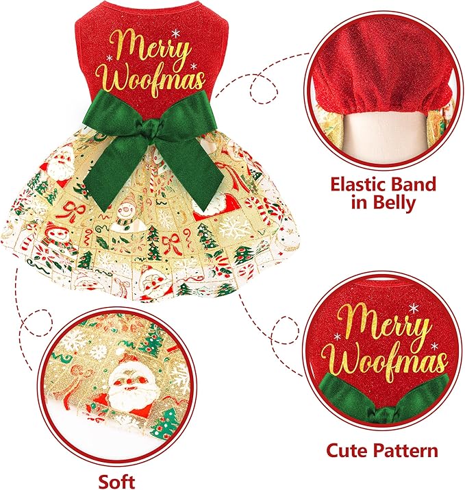 Dog Christmas Outfit Cute Dog Christmas Dress with Bowknot Tulle Puppy Clothes for Small Medium Dogs Cats Boys Girls Pet Costume