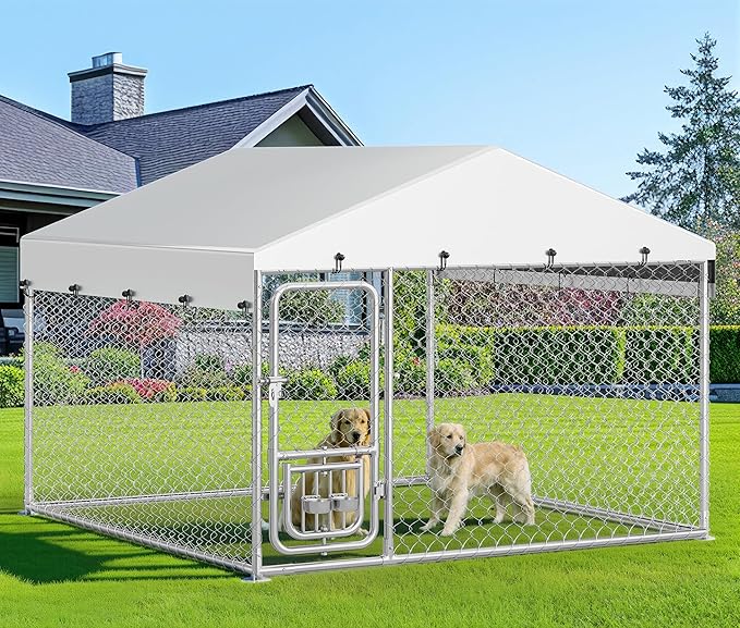 DWVO 7.5'x7.5' Dog Kennel Outdoor with Rotating Feeder Bowls, Outdoor Dog Pens with Roof, Heavy Duty Dog House for Medium Large Dogs