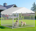 DWVO 7.5'x7.5' Dog Kennel Outdoor with Rotating Feeder Bowls, Outdoor Dog Pens with Roof, Heavy Duty Dog House for Medium Large Dogs