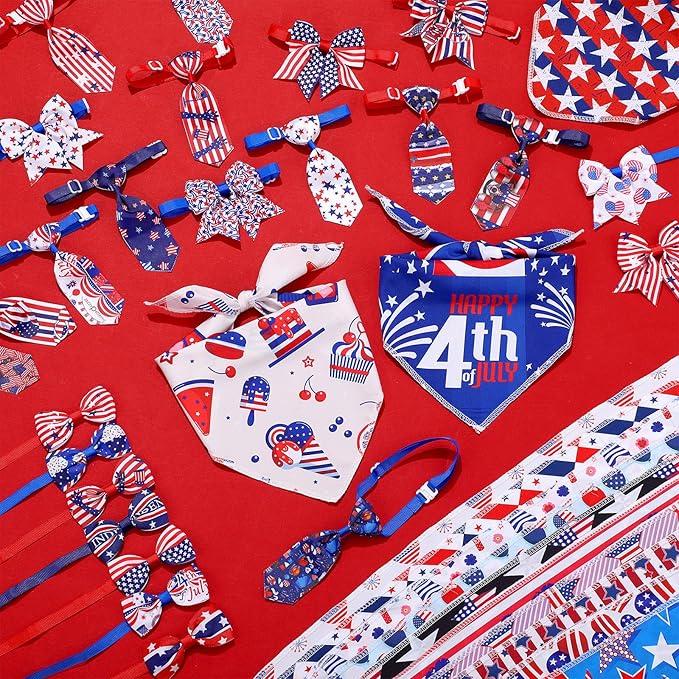 Reginary 120 Pcs 4th of July Dog Bandanas Bulk Dog Bows Set Bow Ties Cat Scarf Colorful Washable Triangle Pet Kerchief Cute Bib for Summer Small Medium Large Pets Grooming Accessories Costume