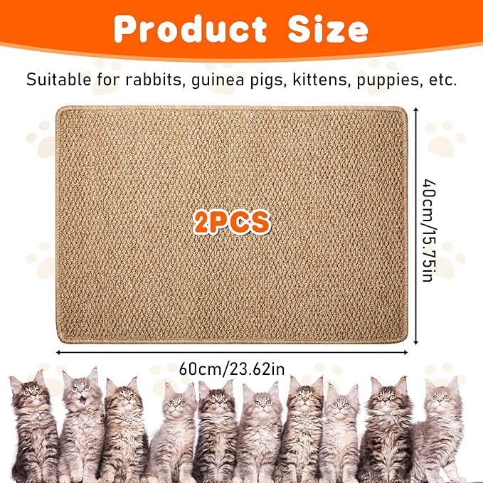 2 Pack Cat Scratcher Mat 23.6 X 15.7 Inch Natural Sisal Cat Scratching Carpet with Anti-Slip Base Rabbit Floor Scratching Pad Rug for Cats Guinea Pig Bunny Rabbit