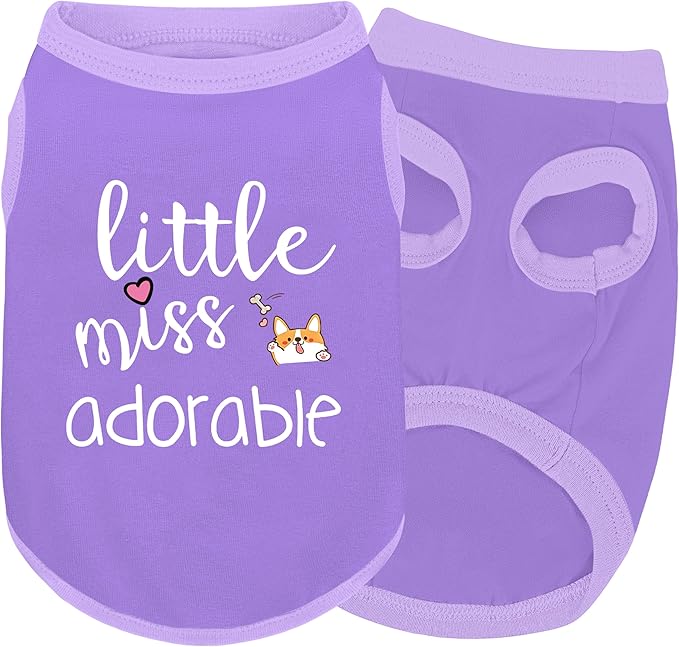 Cotton Dog Shirt with 'Little Miss Adorable' Corgi Head Print, Soft & Breathable Pet Apparel for Small, Medium, and Large Dogs, All-Season Sleeveless Vest, Cute and Comfortable Dog Outfit.Purple S