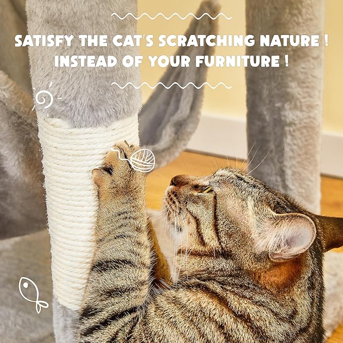Cat Tree for Indoor Cats - 63in Multi-Level Large Cat Tower with 2 Big Cat Condos, 2 Padded Perches, Hammock, 6 Sisal-Covered Scratching Post and Toys for Kittens Pet Play House, Light Grey