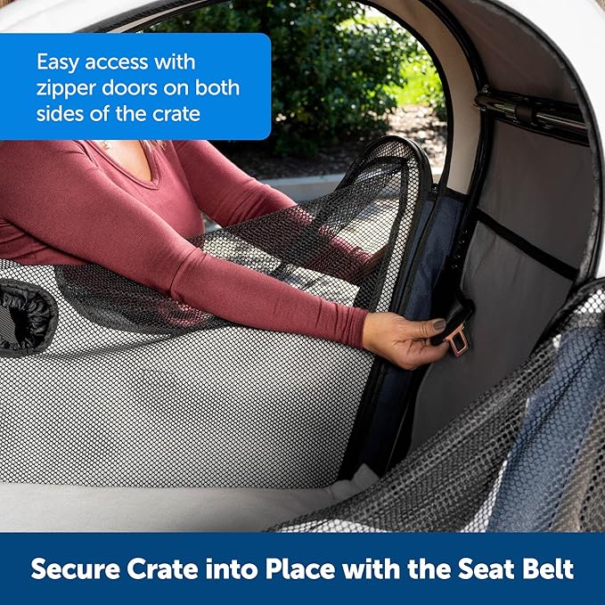PetSafe Happy Ride Collapsible Travel Crate - Safe Travel Containment with Heavy Duty Aluminum Frame, Mesh Windows, Convenient Storage Pockets & Secure Seat Belt Access - Road Trip Crate