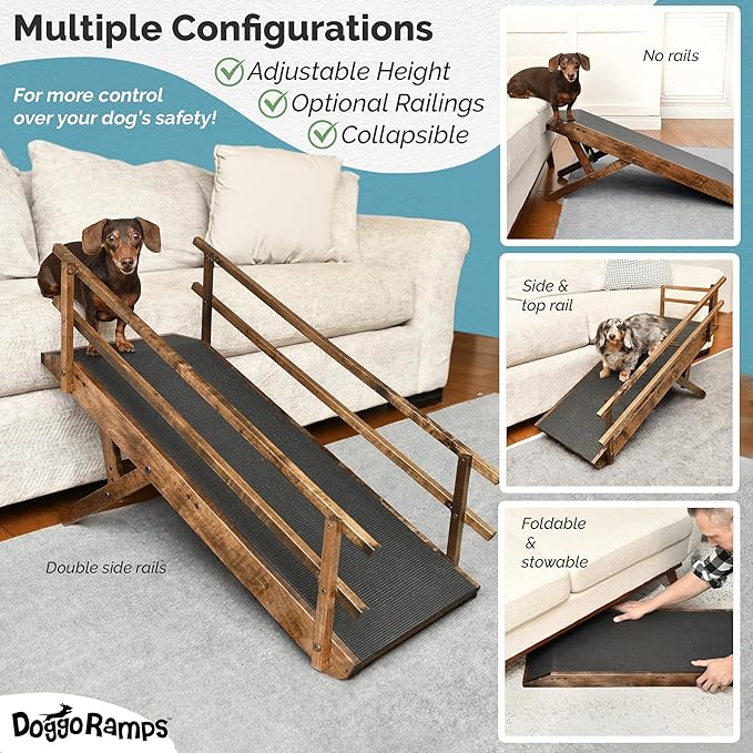 DoggoRamps Dog Ramp with Rails for Couch - Adjustable from 14" to 21" with Anti-Slip Grip & Convenient Platform Top - for Dogs up to 150lbs - Made of Solid Wood in North America