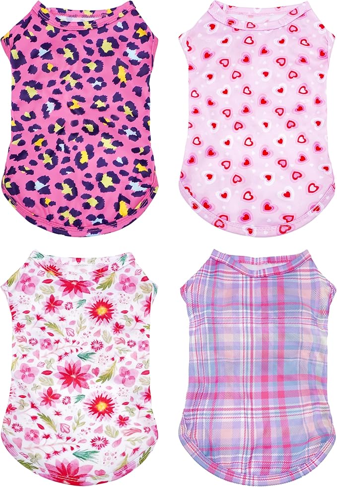 PET SHOW 4 Pack Paw Bone Printed Dog Clothes Shirts Soft Vest Lightweight Sleeveless Cats Doggies T-Shirts Puppies Tank Top Tee for Small Medium Dogs White Black Pink Blue (Medium, Pink for Girls)