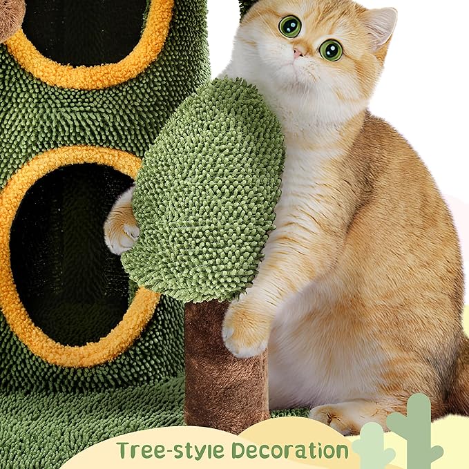 Yaheetech 48in Cactus Cat Tree with Flower-Themed Perches, Multi-Level Platforms, Condo, Scratching Posts & Dangling Balls