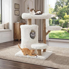 Morden Cat Tree for Indoor Cats, Aesthetic Solid Wood Cat Tree w/Natural Solid Wood Scratching Post, Boho White Cat Condo with 2 Cloud Perches, Platform