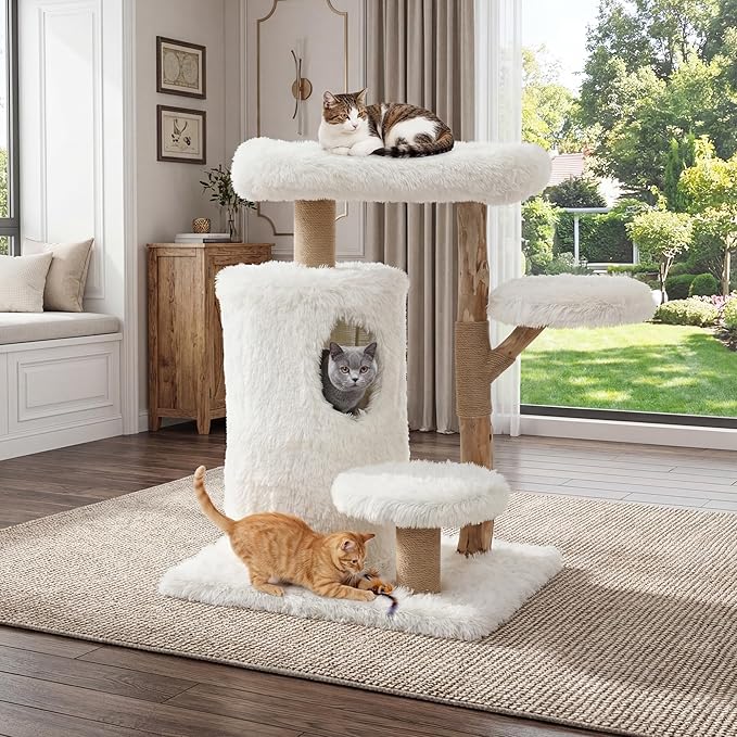 Morden Cat Tree for Indoor Cats, Aesthetic Solid Wood Cat Tree w/Natural Solid Wood Scratching Post, Boho White Cat Condo with 2 Cloud Perches, Platform