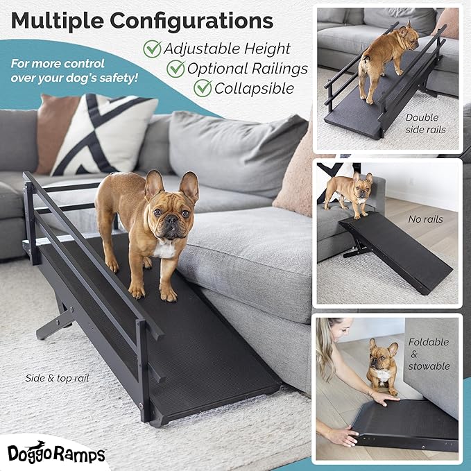 DoggoRamps Dog Ramp for Couch with Safety Rails - Adjustable from 14" to 21" with Anti-Slip PAWGRIP & Convenient Platform Top - for Small Dogs up to 150lbs - Made of Solid Hardwood in North America