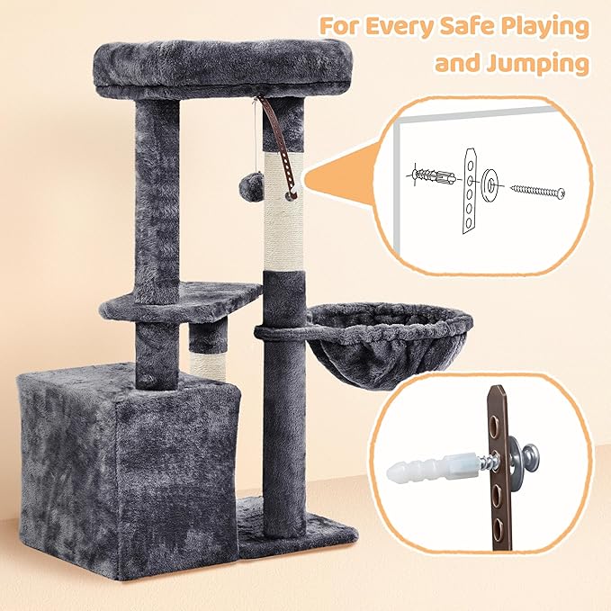 Yaheetech Cat Tree, Multi Level Climbing Tower for Indoor Cats, Pet Activity Center Scratching Post Indoor Furniture Bed with Basket for Kittens, Dark Gray