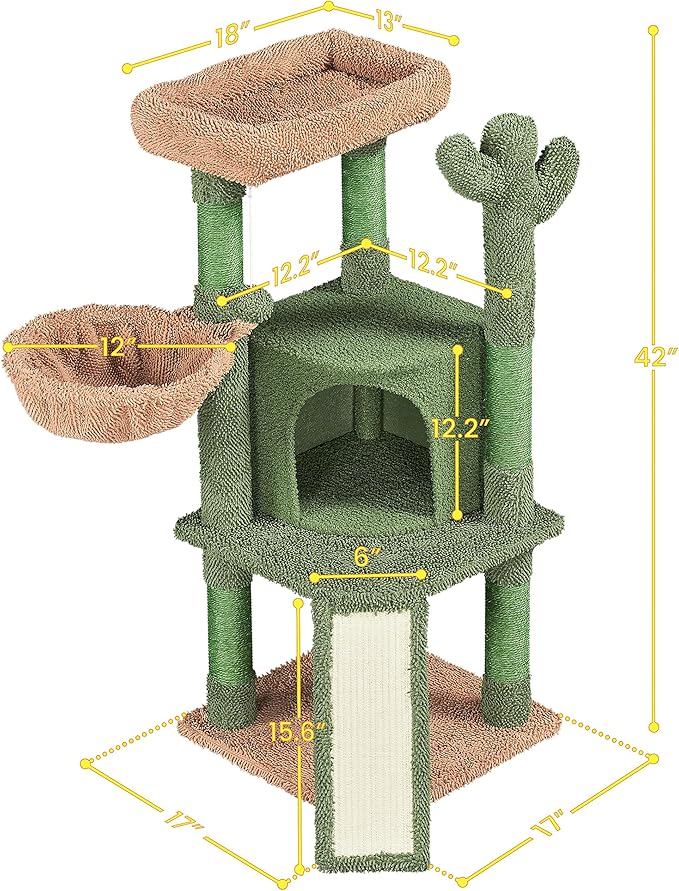 Topeakmart 42″ H Cactus Cat Tree,Cute Cat Tower w/Scratching Posts,Indoor Cats Furniture Pet Activity Center Play House w/Platform/Condo/Basket&Hanging Ball