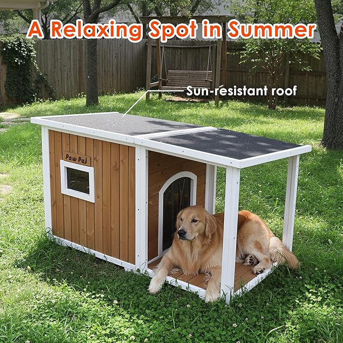 Dog House Outdoor, 59” Insulated Dog House, Weatherproof Outdoor Dog House Insulated with Elevated Floor and Openable Roof, Wooden Dog Houses Large