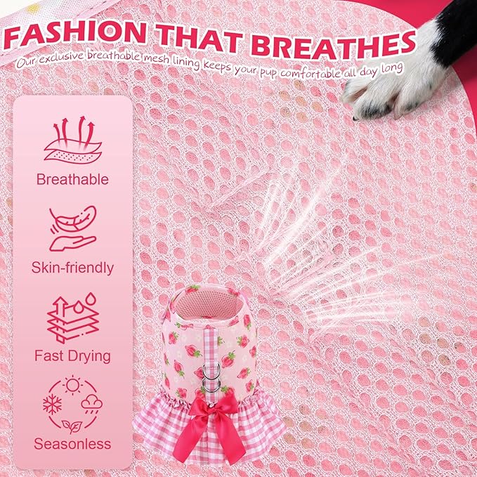 EXPAWLORER Dog Harness Small Medium Sized Dogs, Plaid Dog Dress Bowknot Harness and Leash Set, No Choke No Pull Soft Mesh Vest Cute Princess Puppy Outfits Clothes Costume for Girls Party Cats Pink XS