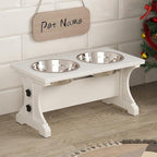 Piskyet Farmhouse Dog Bowls Stand, Elevated Dog Bowl with 2 Stainless Steel Wooden Bowls, 3.5Cups 8.6" H - 30 oz White