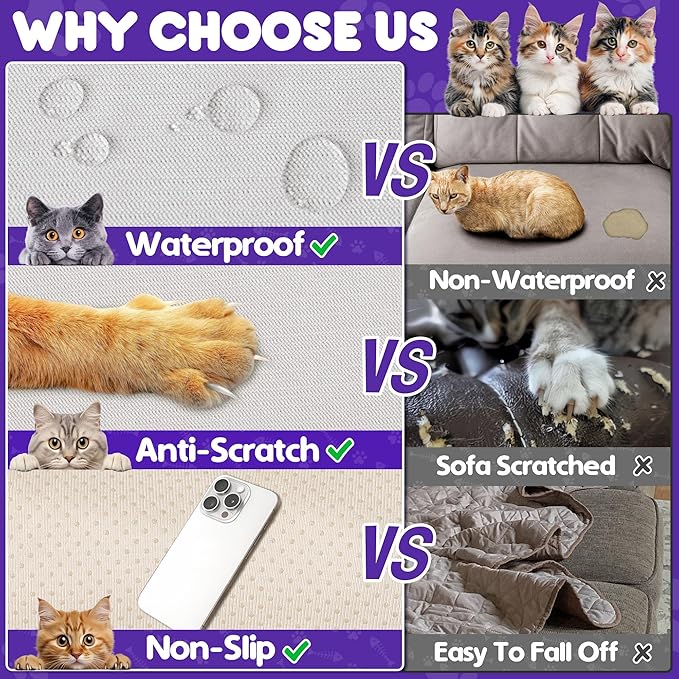 Cat Scratch Furniture Protector - Anti-Slip, Waterproof Sofa Cover to Keep Cats Off, Pet-Friendly Couch Protectors for 3 Cushion Couch, Anti-Scratch Couch Cover for Pets and Kids 150"X91" Beige