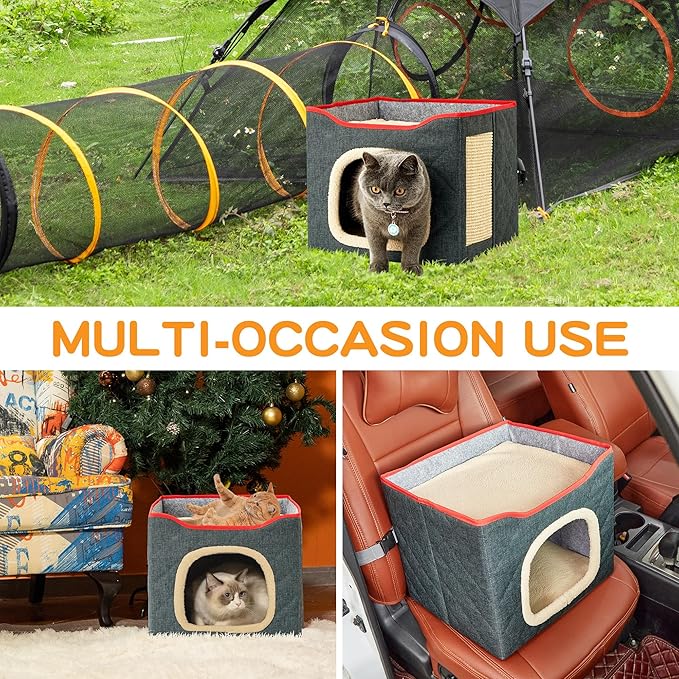 Cat Houses for Indoor Cat, Large 2-Sided Reversible Cushion Cat Condo with Safety Strap, Foldable Cat Hideway with Sisal Scratch Pad, All Seasons Pet Bed for Multi Cats,Dark Grey
