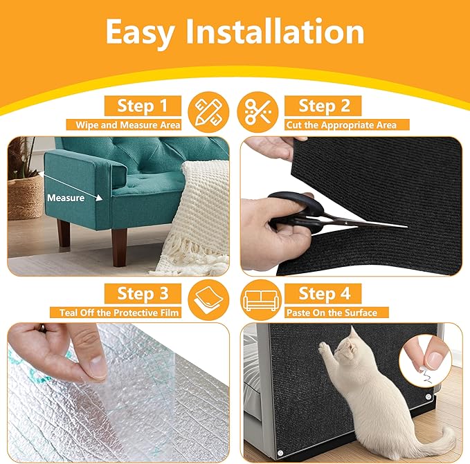 Cat Scratch Pad for Wall,Cuttable and Adhesive Cat Scratching Mat,Fun Interactive Scratcher,Cat Scratch Furniture Protector (Black,78.7×15.8inch)
