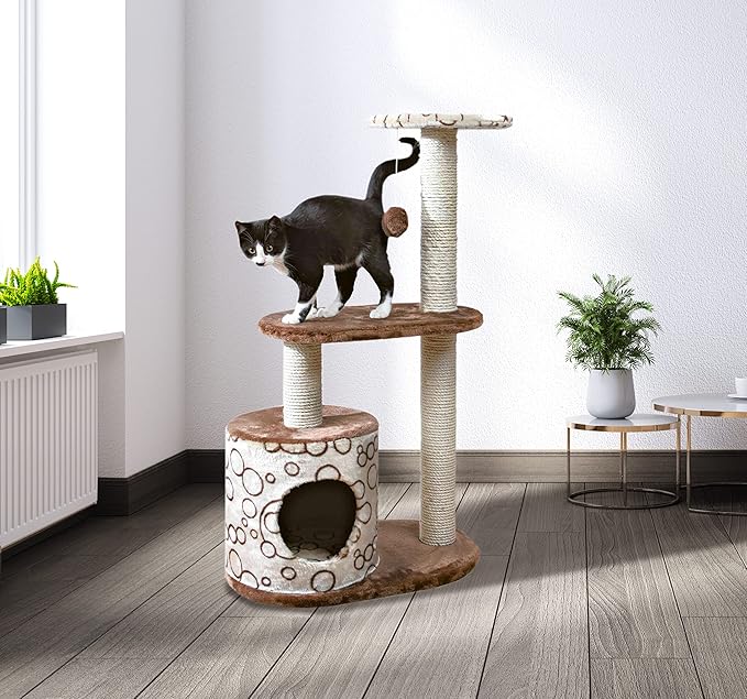 TRIXIE Casta Cat Tree with Condo | 2 Platforms | Dangling Cat Toy, Brown, 21.5 x 13.75 x 37.25 in.