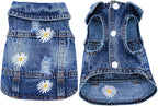 Pet Clothes Vintage Denim Dog Jacket with Daisy Embroidery - Puppy Stylish Pet Coat for Chihuahua, Yorkie Small Breeds - All-Season Comfort (Blue,Large)