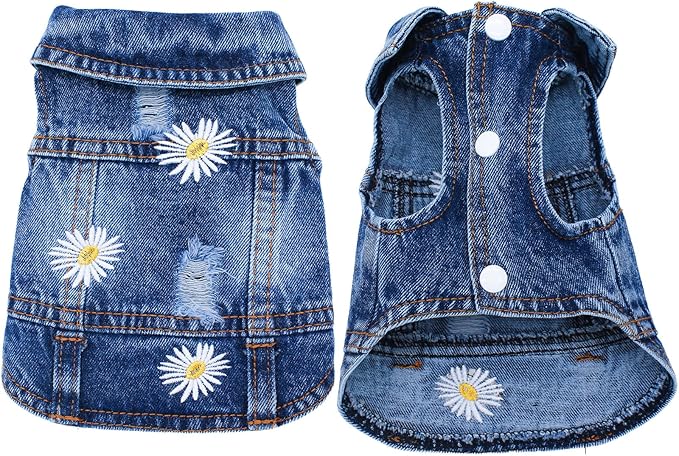 Pet Clothes Vintage Denim Dog Jacket with Daisy Embroidery - Puppy Stylish Pet Coat for Chihuahua, Yorkie Small Breeds - All-Season Comfort (Blue,Small)