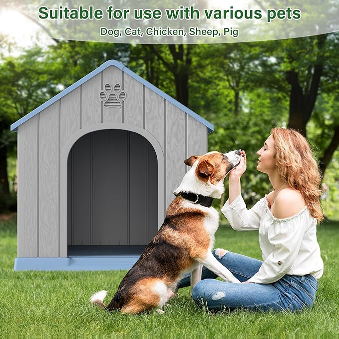 Bifanuo Large Dog House for Outdoor & Indoor, Waterproof Puppy Shelter with Air Vents & Elevated Floor, Easy Assemble Sturdy Dog Kennel for Large Dogs (Blue, 36.2''L×38''W×38''H)