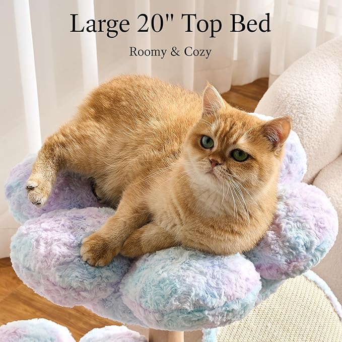 797Audio Natural Wood Flower Cat Tree, Modern Cat Tower with Real Solid Wood Branch, Luxury Aesthetic Cat Tree with Scratching Post, Scratch Pad, Cat Tree Tower for Indoor Large Adult Cats, Sky Blue