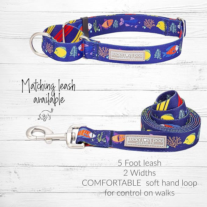 Lucky Love Dog Tropical Fish Pattern Martingale Collar and Leash Set, Blue Color No Slip Collars for Small Dogs, Great for Whippets, Greyhounds, and More (Mackey, Small - Combo)
