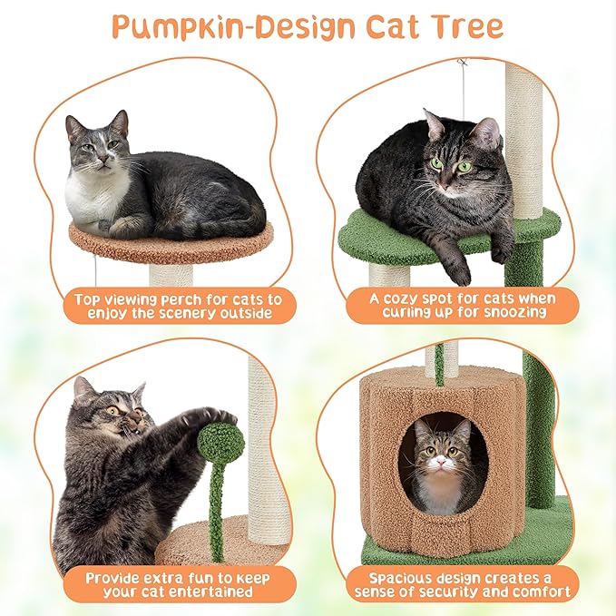 Yaheetech 42in Cactus Cat Tree, Green Cat Tree Tower w/Pumpkin Condo, Multi-Level Perches, 3 Scratching Posts, Teasing Ball for Indoor Kittens