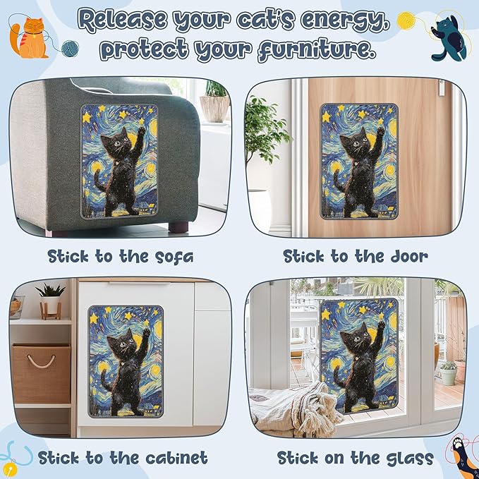Sisal Cat Scratching Pad - Shedding-Resistant Wall Scratcher Mat for Indoor Cat, Kitten Art Starry Night Scratching Mats for Carpet Couch Furniture with Adhesive Hook Loop Tape(24 * 16in)