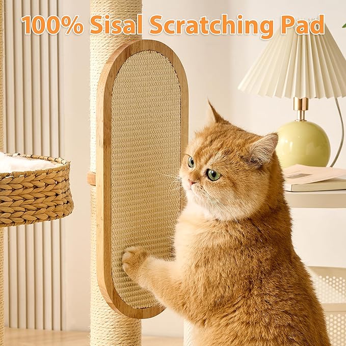 Modern Cat Tree Tower for Large Cat with Scratching Post for Indoor, 46 inch Multi-Level Solid Wood Cat Tower with Handwoven Beds, Scratching Boards, Scratcher Ball, Dangling Balls